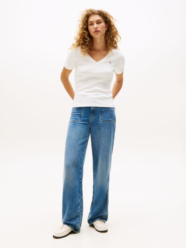 Beige Ribbed V-Neck Slim Fit T-Shirt  Women