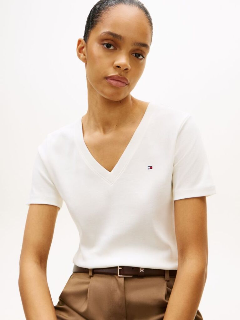 Beige Ribbed V-Neck Slim Fit T-Shirt  Women