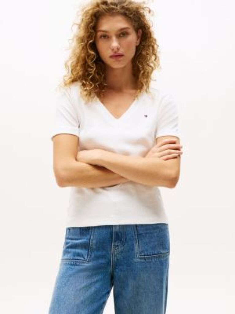 Beige Ribbed V-Neck Slim Fit T-Shirt  Women