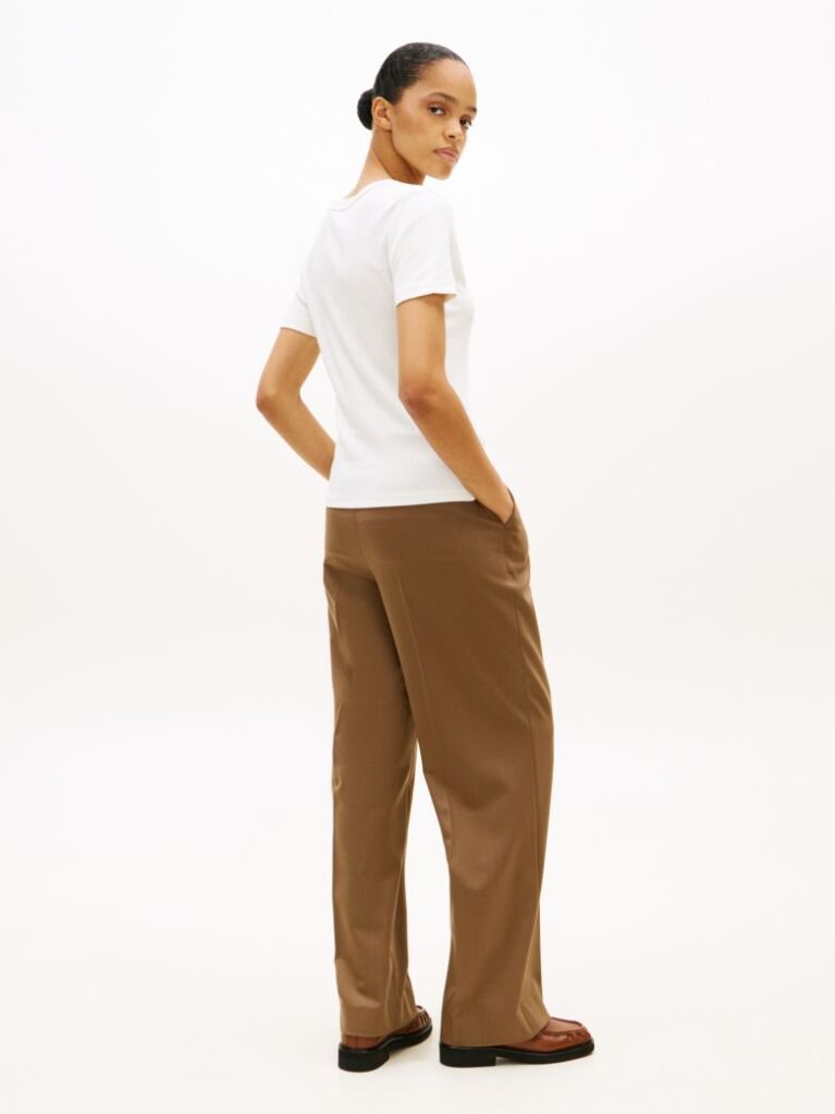 Beige Ribbed V-Neck Slim Fit T-Shirt  Women