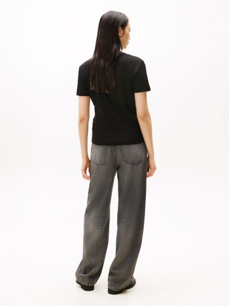 Black Ribbed V-Neck Slim Fit T-Shirt  Women