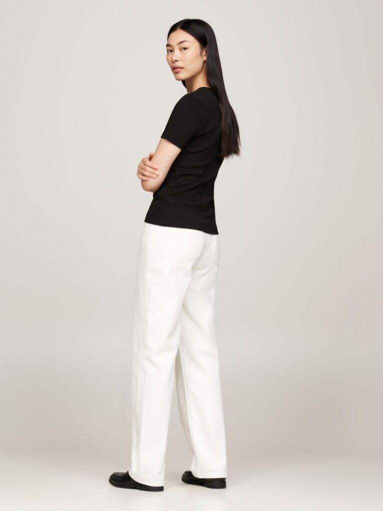 Black Ribbed V-Neck Slim Fit T-Shirt  Women