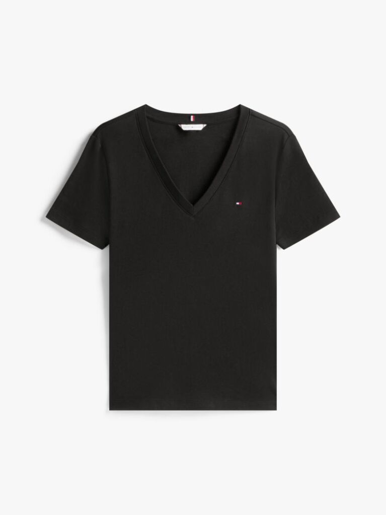 Black Ribbed V-Neck Slim Fit T-Shirt  Women