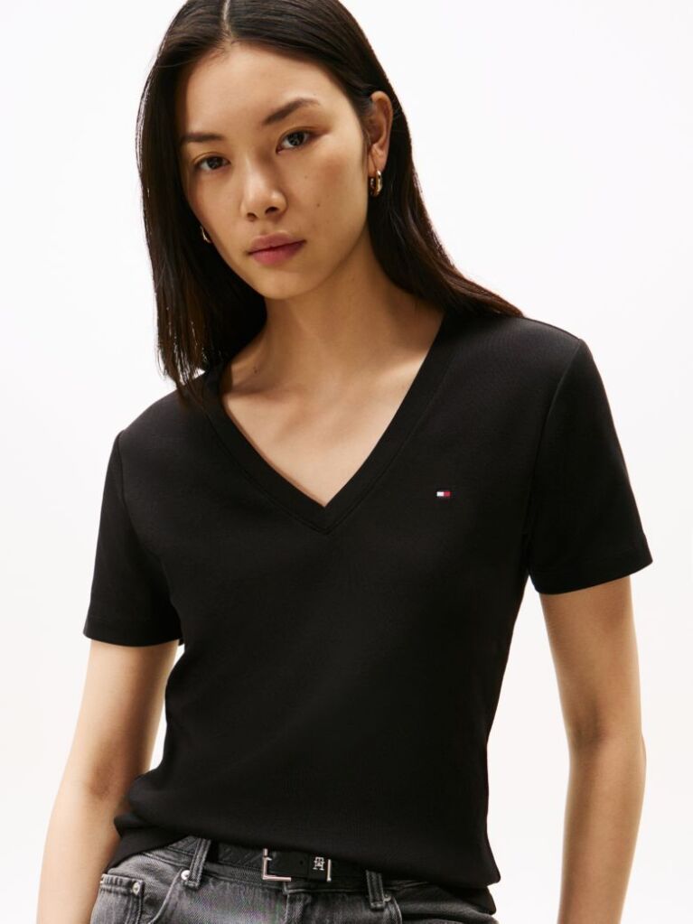 Black Ribbed V-Neck Slim Fit T-Shirt  Women