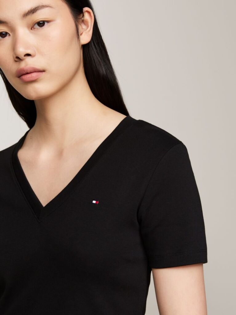 Black Ribbed V-Neck Slim Fit T-Shirt  Women