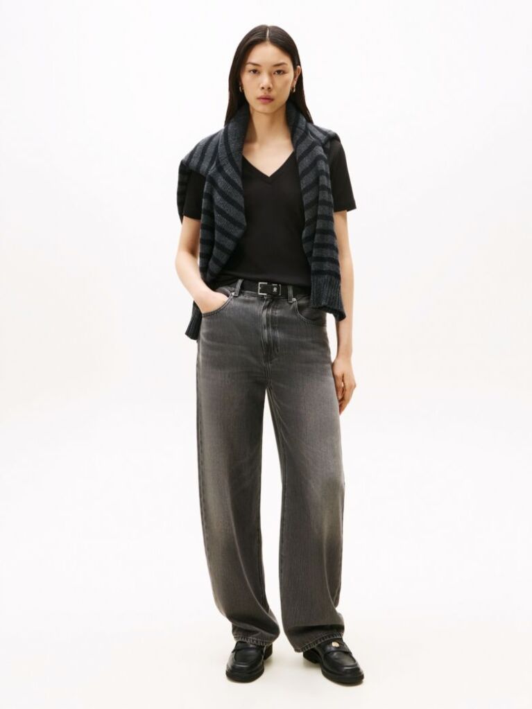 Black Ribbed V-Neck Slim Fit T-Shirt  Women