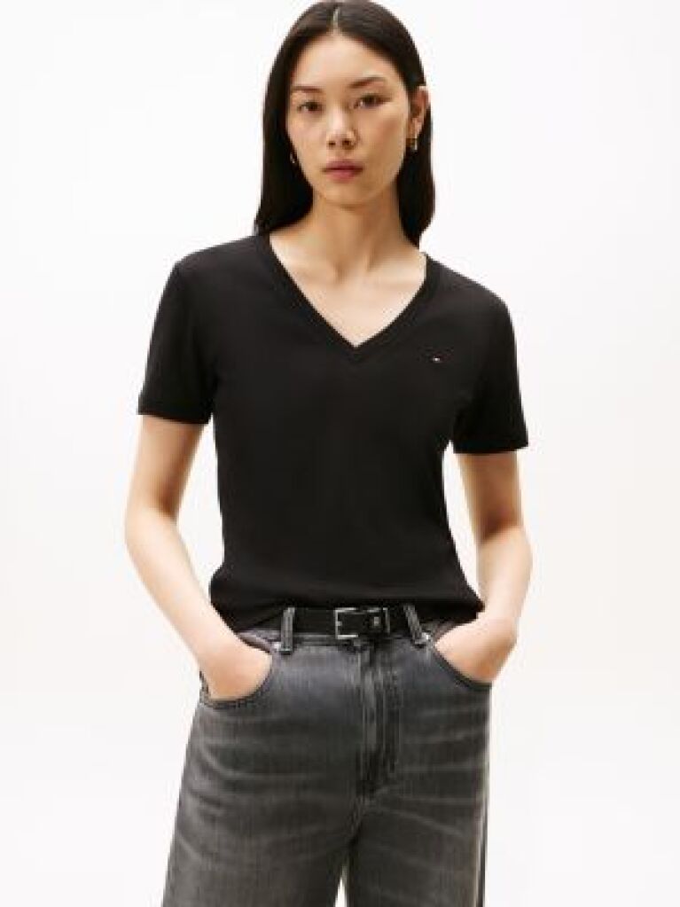 Black Ribbed V-Neck Slim Fit T-Shirt  Women