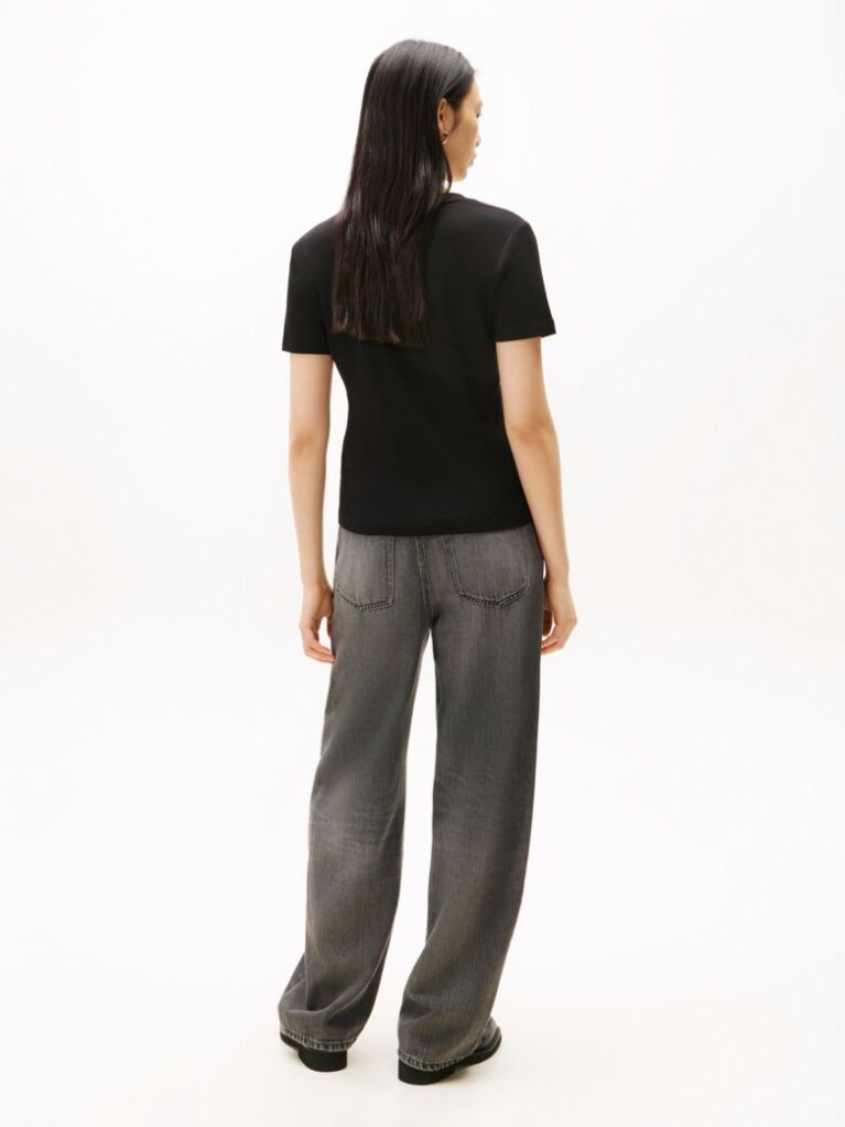 Black Ribbed V-Neck Slim Fit T-Shirt  Women