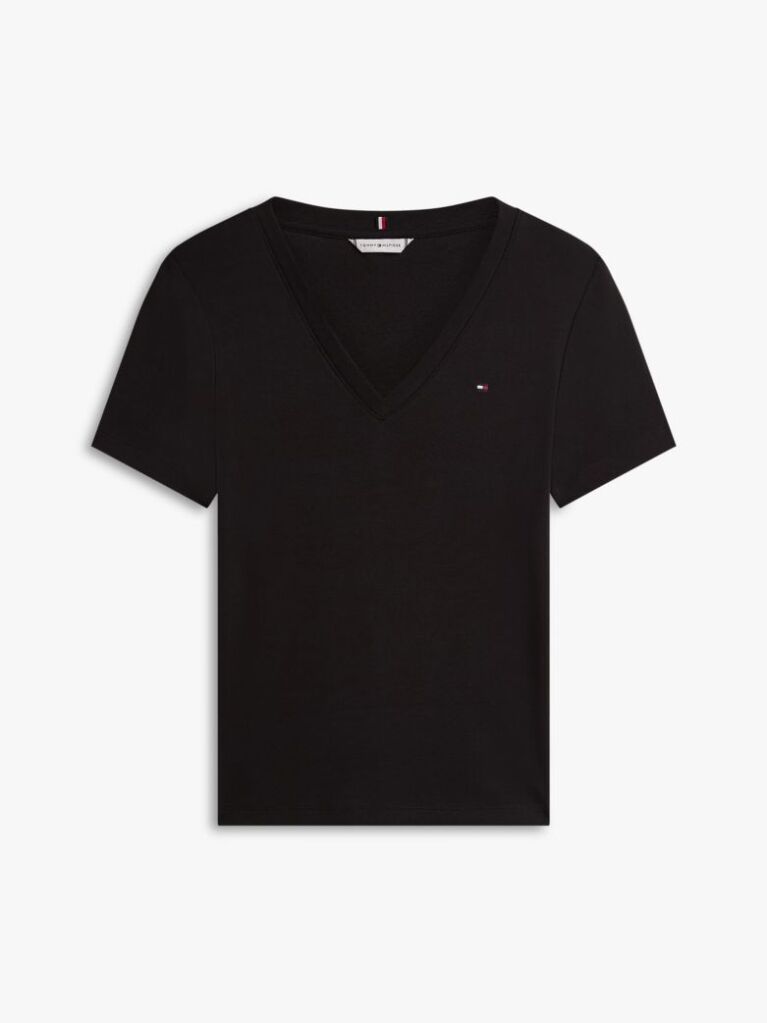 Black Ribbed V-Neck Slim Fit T-Shirt  Women
