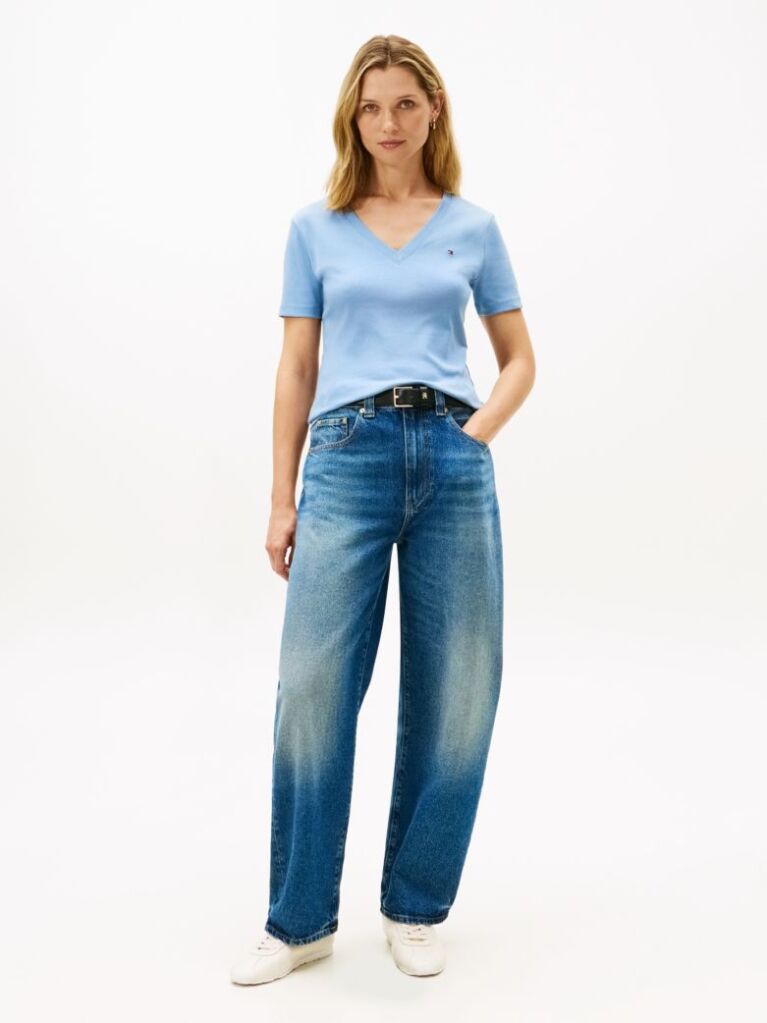 Blue Ribbed V-Neck Slim Fit T-Shirt  Women