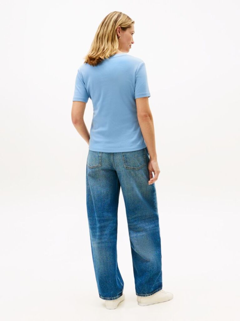 Blue Ribbed V-Neck Slim Fit T-Shirt  Women