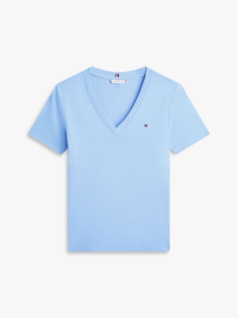 Blue Ribbed V-Neck Slim Fit T-Shirt  Women