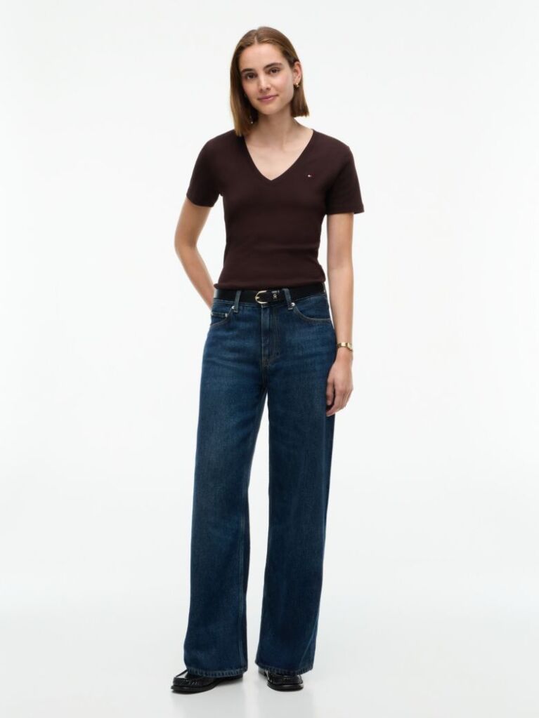 Brown Ribbed V-Neck Slim Fit T-Shirt  Women