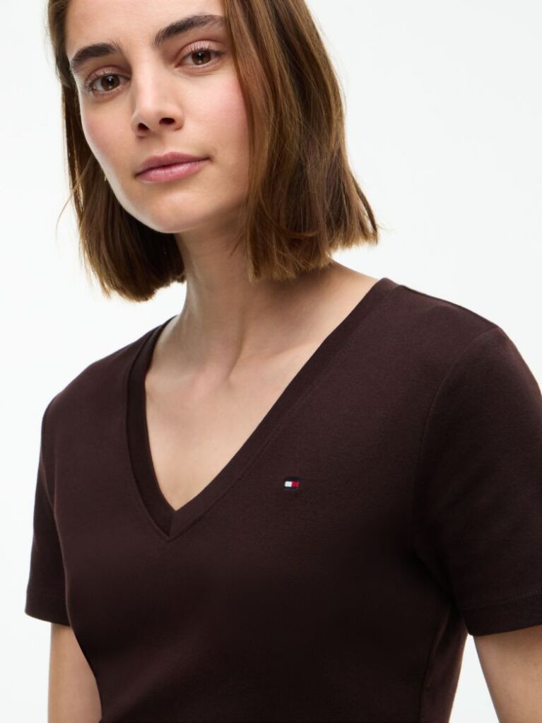 Brown Ribbed V-Neck Slim Fit T-Shirt  Women