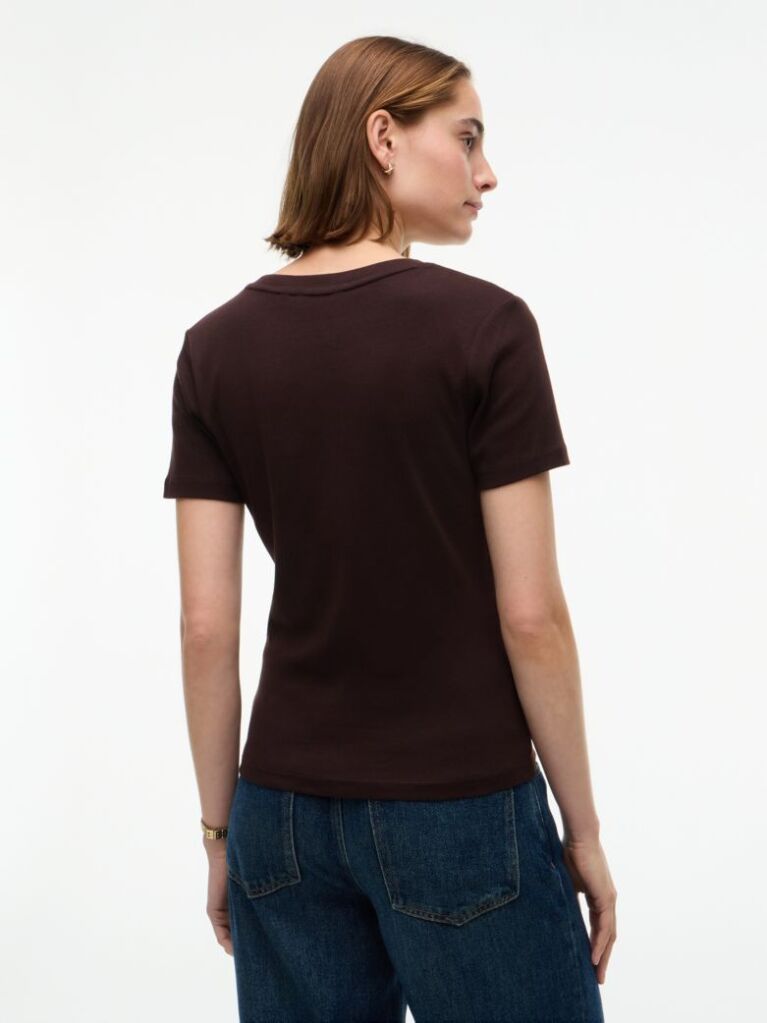 Brown Ribbed V-Neck Slim Fit T-Shirt  Women