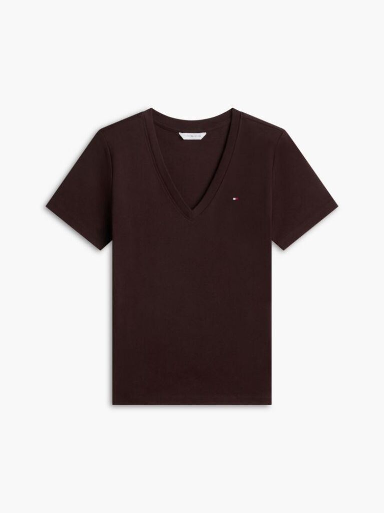 Brown Ribbed V-Neck Slim Fit T-Shirt  Women