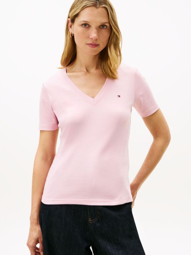 Pink Ribbed V-Neck Slim Fit T-Shirt  Women