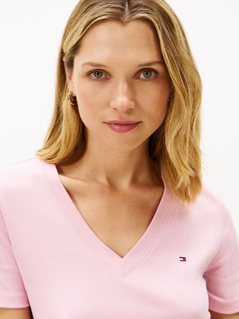 Pink Ribbed V-Neck Slim Fit T-Shirt  Women