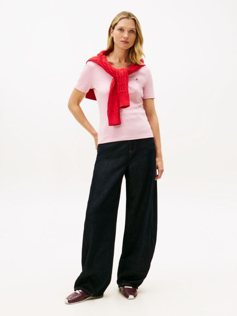 Pink Ribbed V-Neck Slim Fit T-Shirt  Women