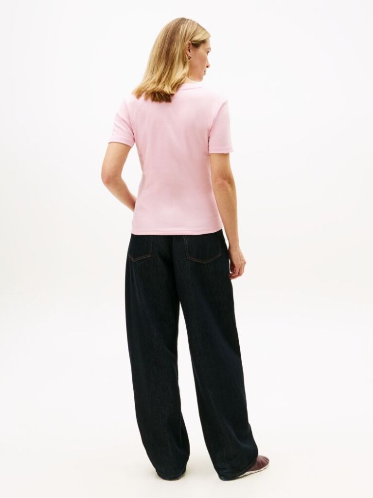 Pink Ribbed V-Neck Slim Fit T-Shirt  Women