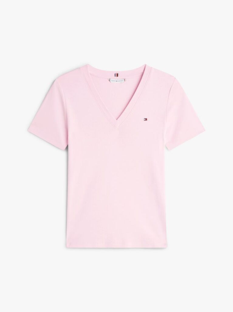 Pink Ribbed V-Neck Slim Fit T-Shirt  Women