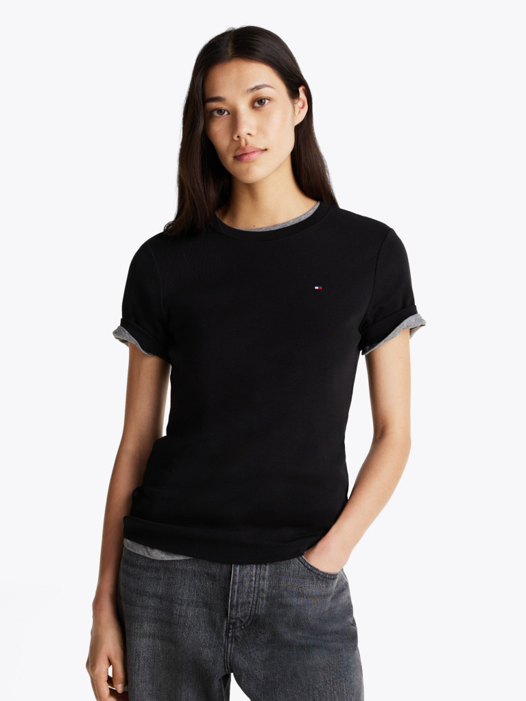 Black Flag Embroidery Ribbed Slim T-Shirt  Women