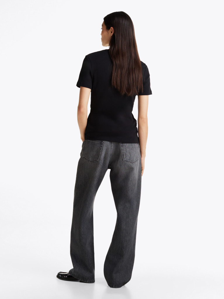 Black Flag Embroidery Ribbed Slim T-Shirt  Women