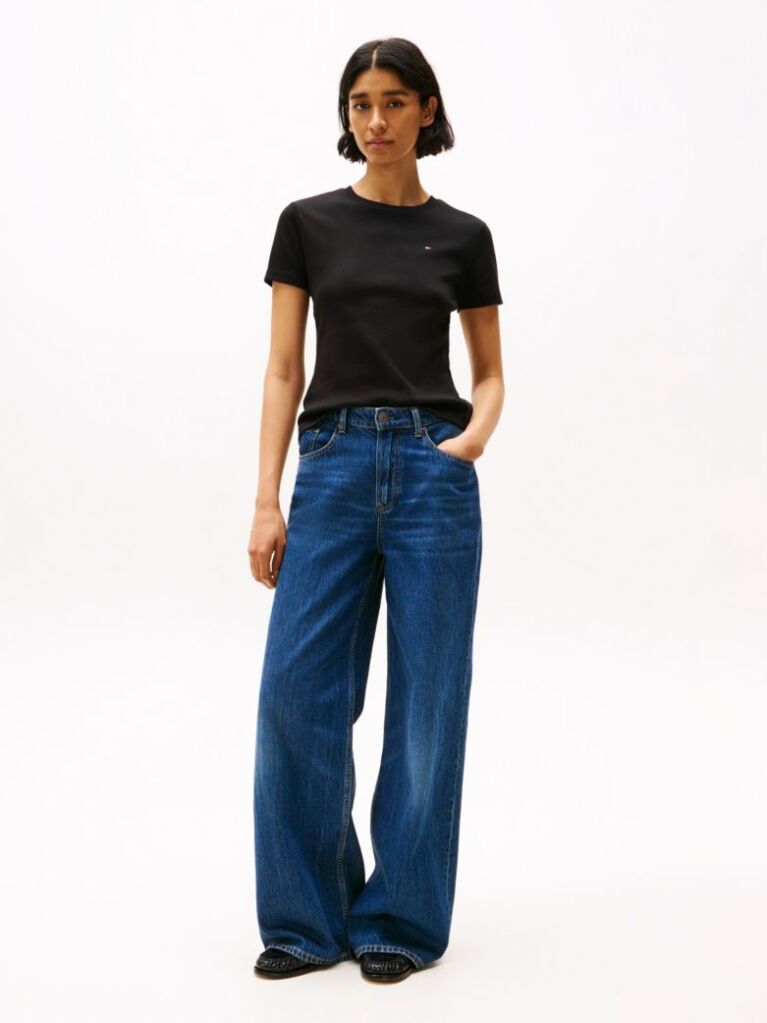 Black Flag Embroidery Ribbed Slim T-Shirt  Women