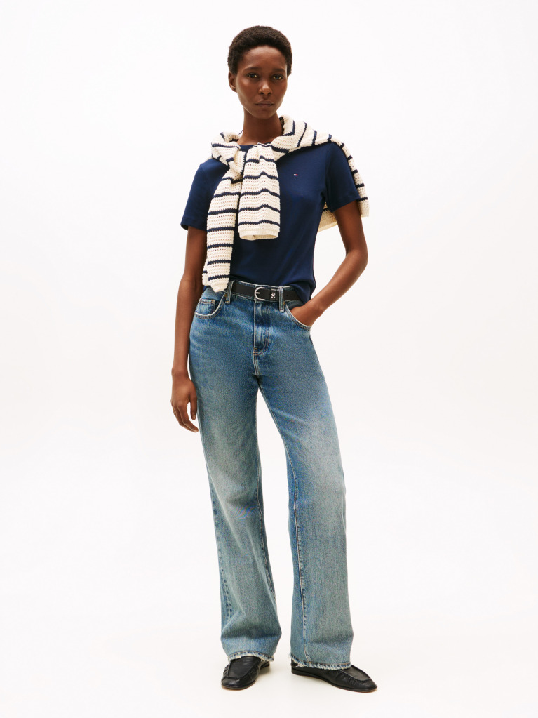 Blue Flag Embroidery Ribbed Slim T-Shirt  Women