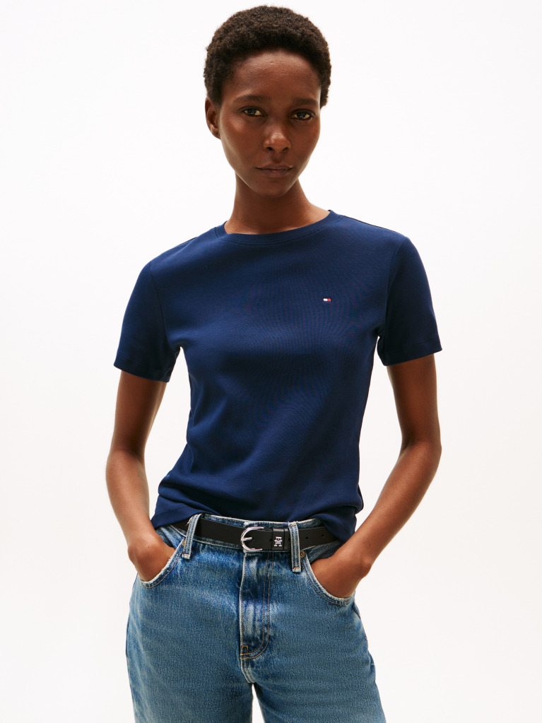 Blue Flag Embroidery Ribbed Slim T-Shirt  Women