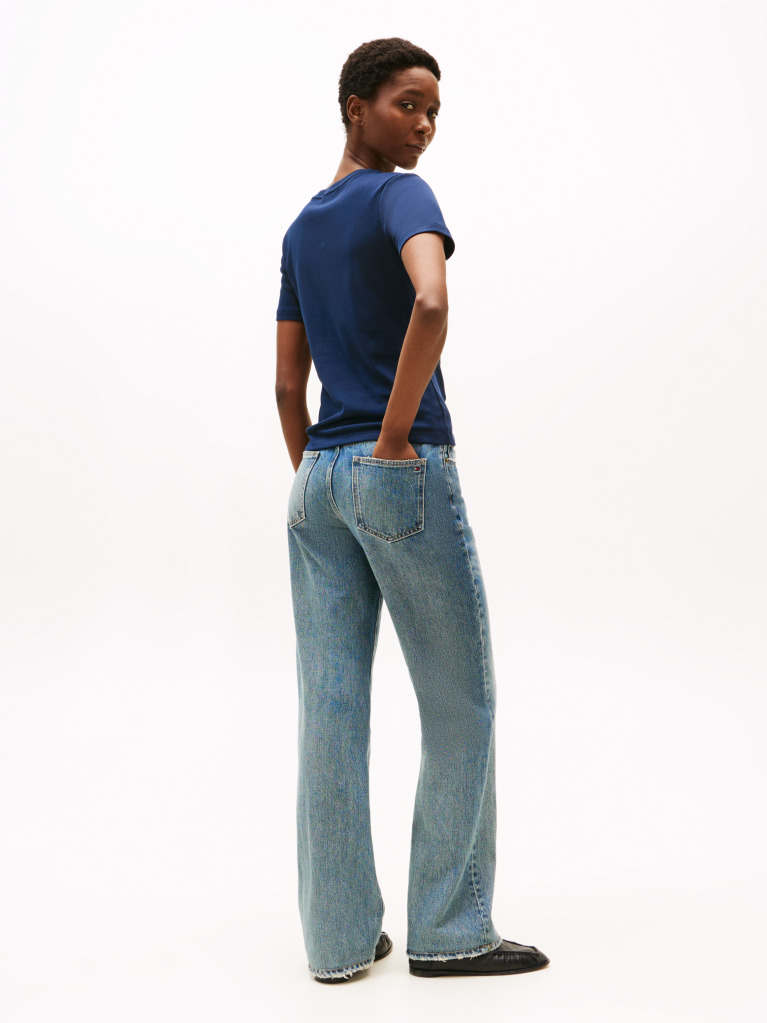 Blue Flag Embroidery Ribbed Slim T-Shirt  Women