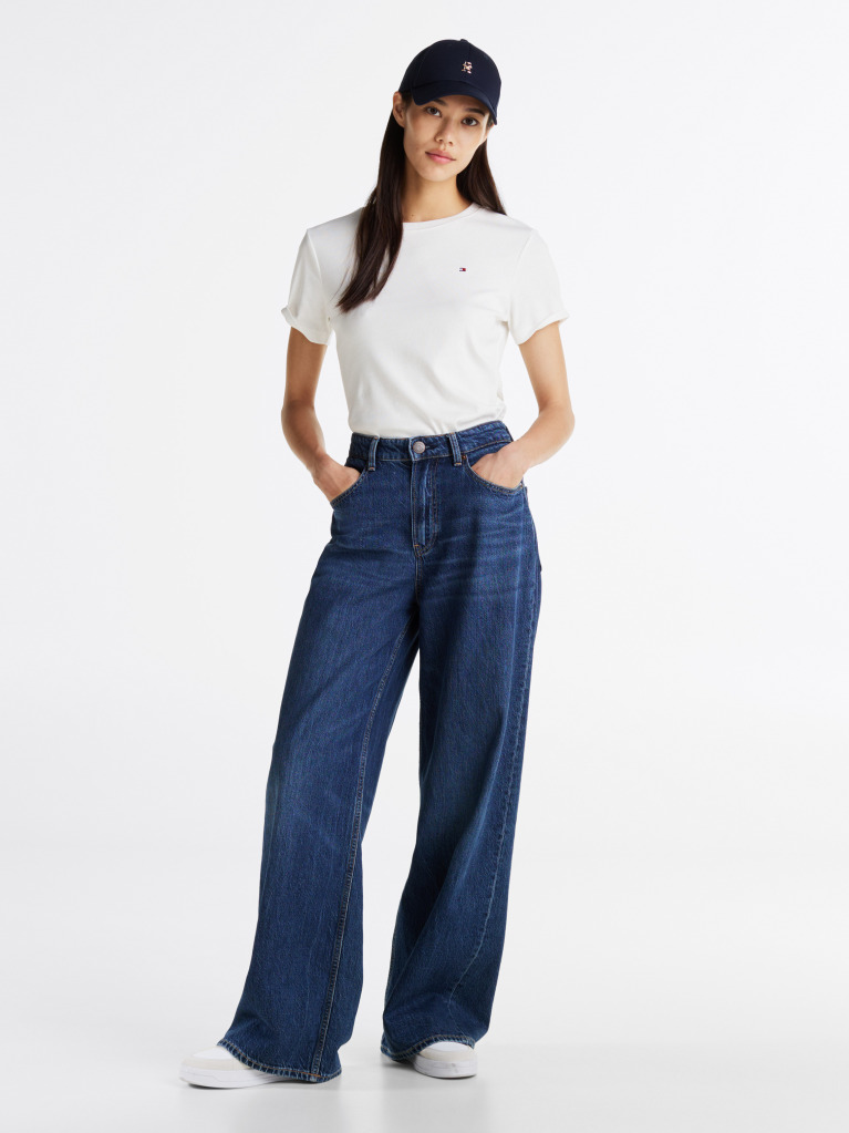 White Flag Embroidery Ribbed Slim T-Shirt  Women