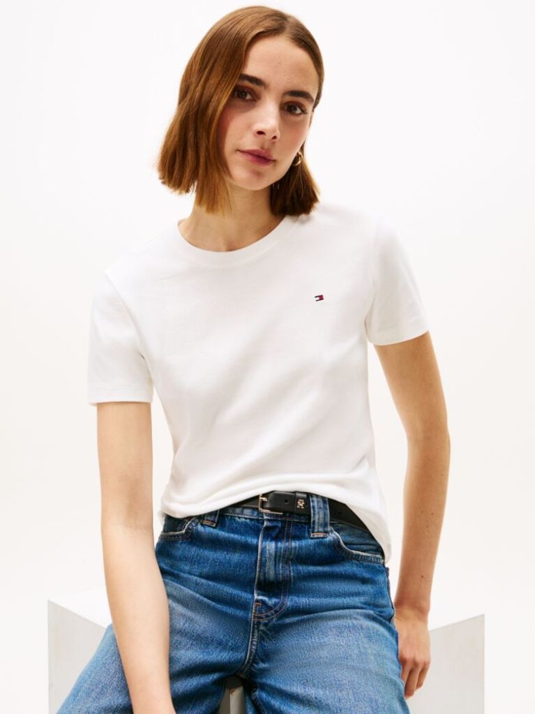 White Flag Embroidery Ribbed Slim T-Shirt  Women