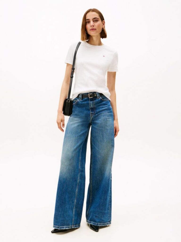 White Flag Embroidery Ribbed Slim T-Shirt  Women