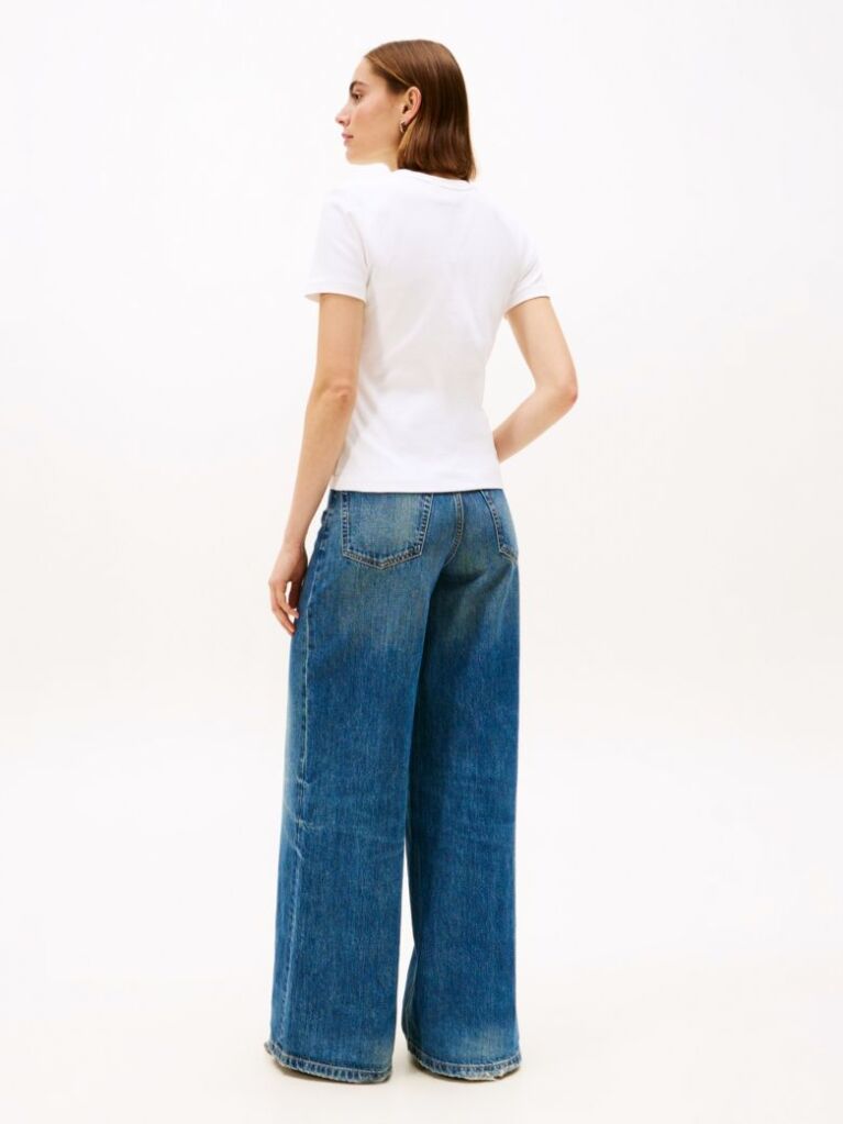 White Flag Embroidery Ribbed Slim T-Shirt  Women
