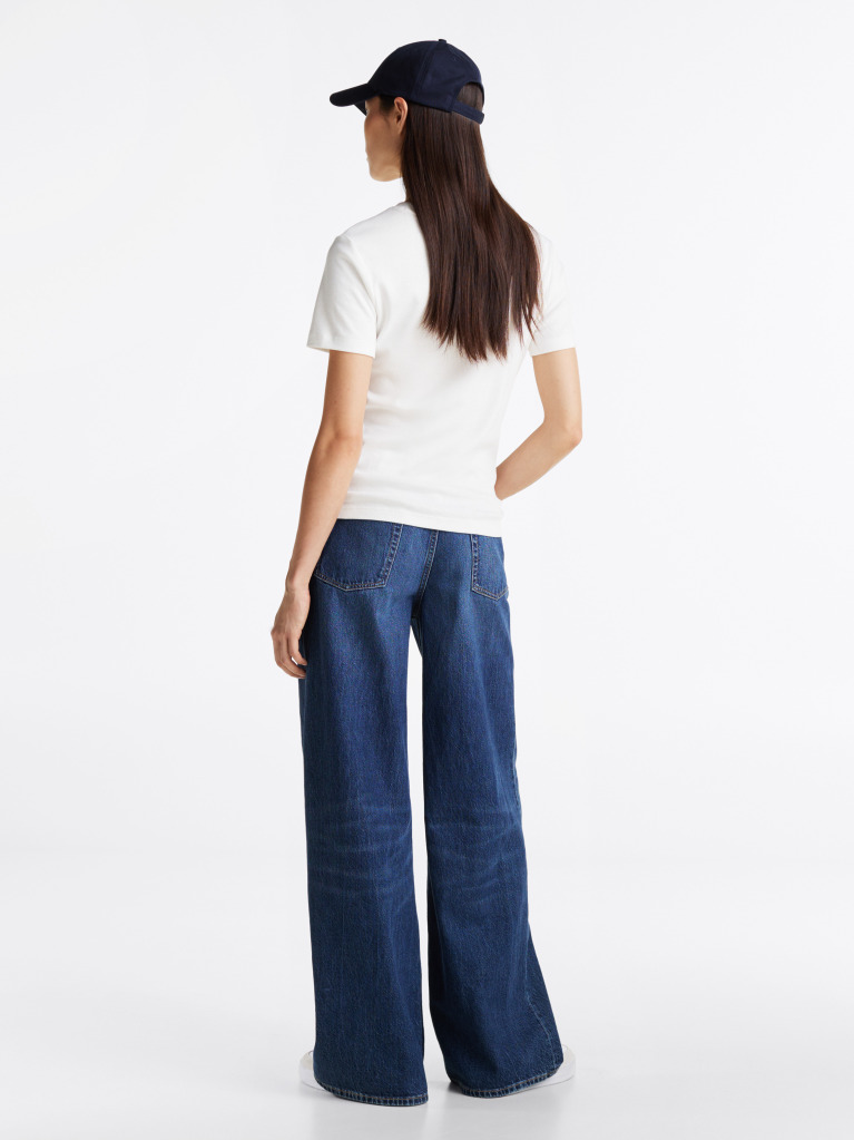 White Flag Embroidery Ribbed Slim T-Shirt  Women