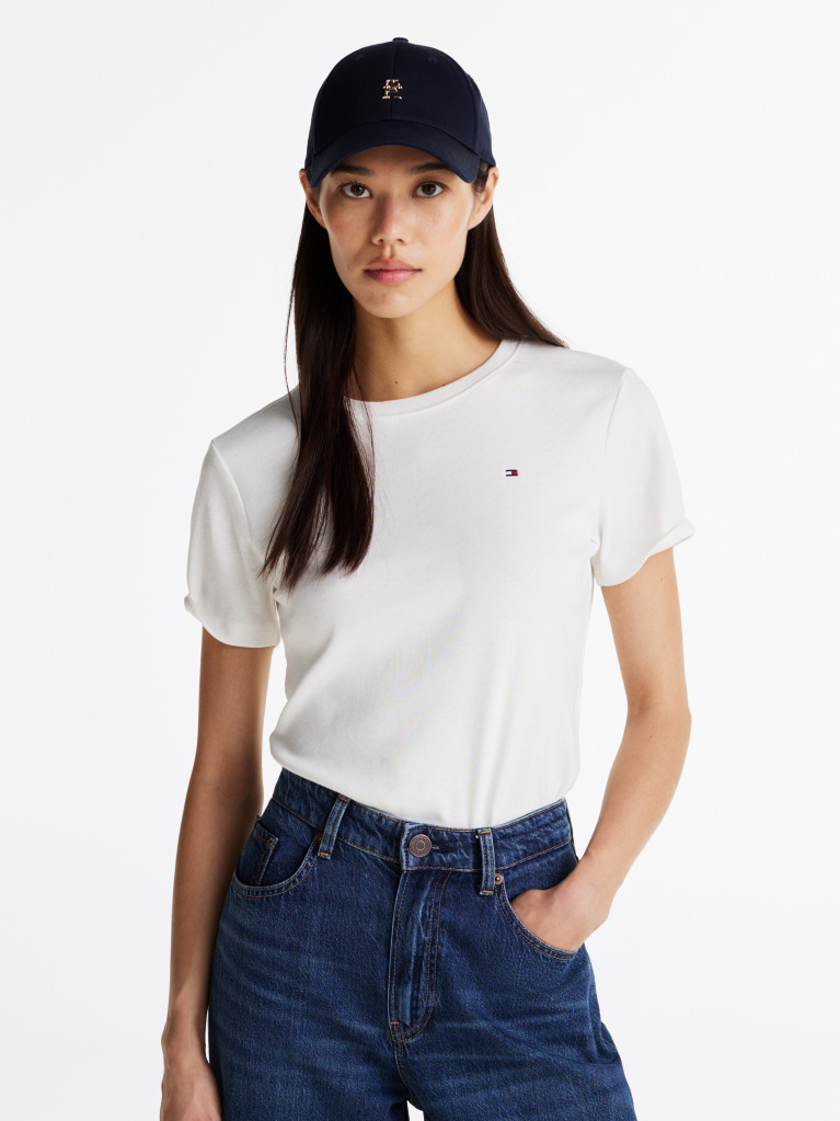 White Flag Embroidery Ribbed Slim T-Shirt  Women