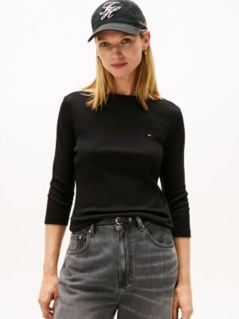 Black Boat Neck Slim Fit T-Shirt  Women