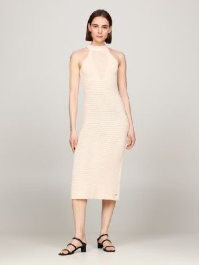 Beige Crochet Halterneck Midi Dress  Women