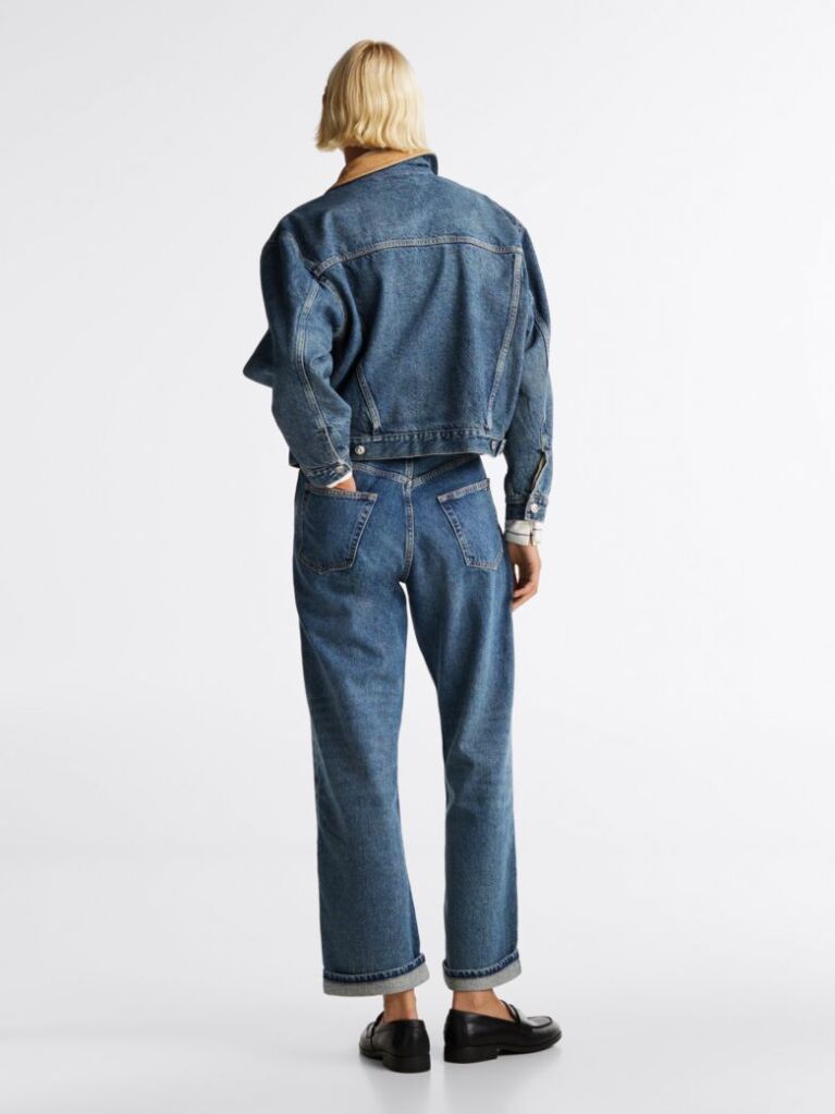 Blue Contrast Collar Relaxed Denim Trucker Jacket  Women