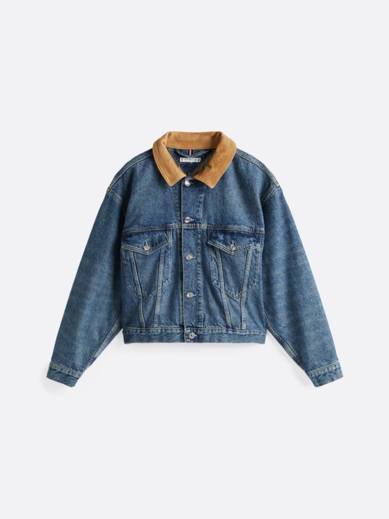 Blue Contrast Collar Relaxed Denim Trucker Jacket  Women