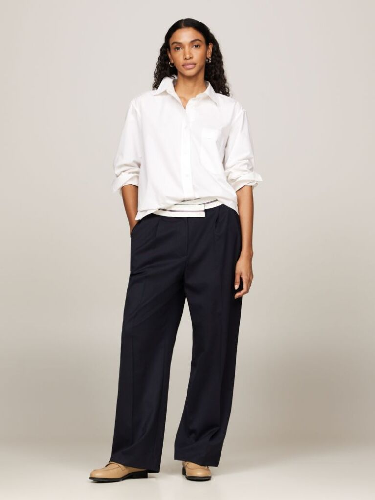 Blue Crossover Waistband Pleated Wide Leg Trousers  Women
