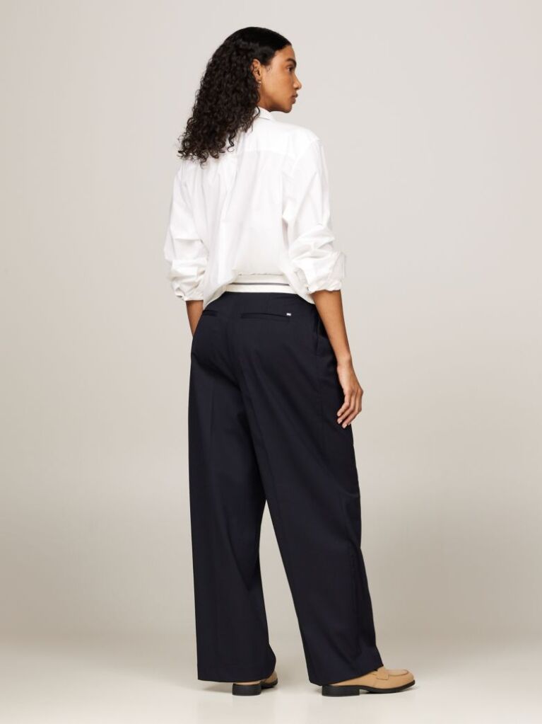 Blue Crossover Waistband Pleated Wide Leg Trousers  Women
