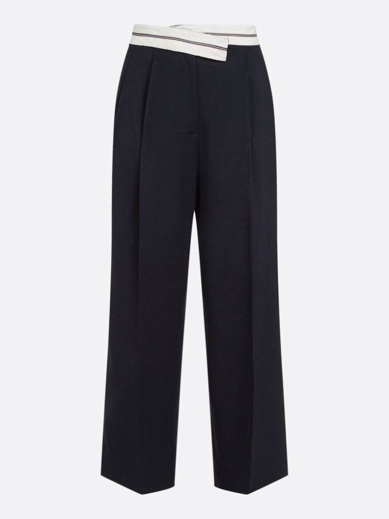 Blue Crossover Waistband Pleated Wide Leg Trousers  Women