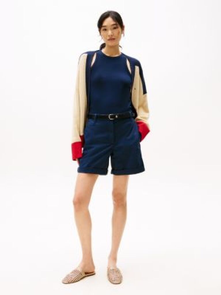 Blue Garment Dyed Turn-Up Mom Chino Shorts  Women
