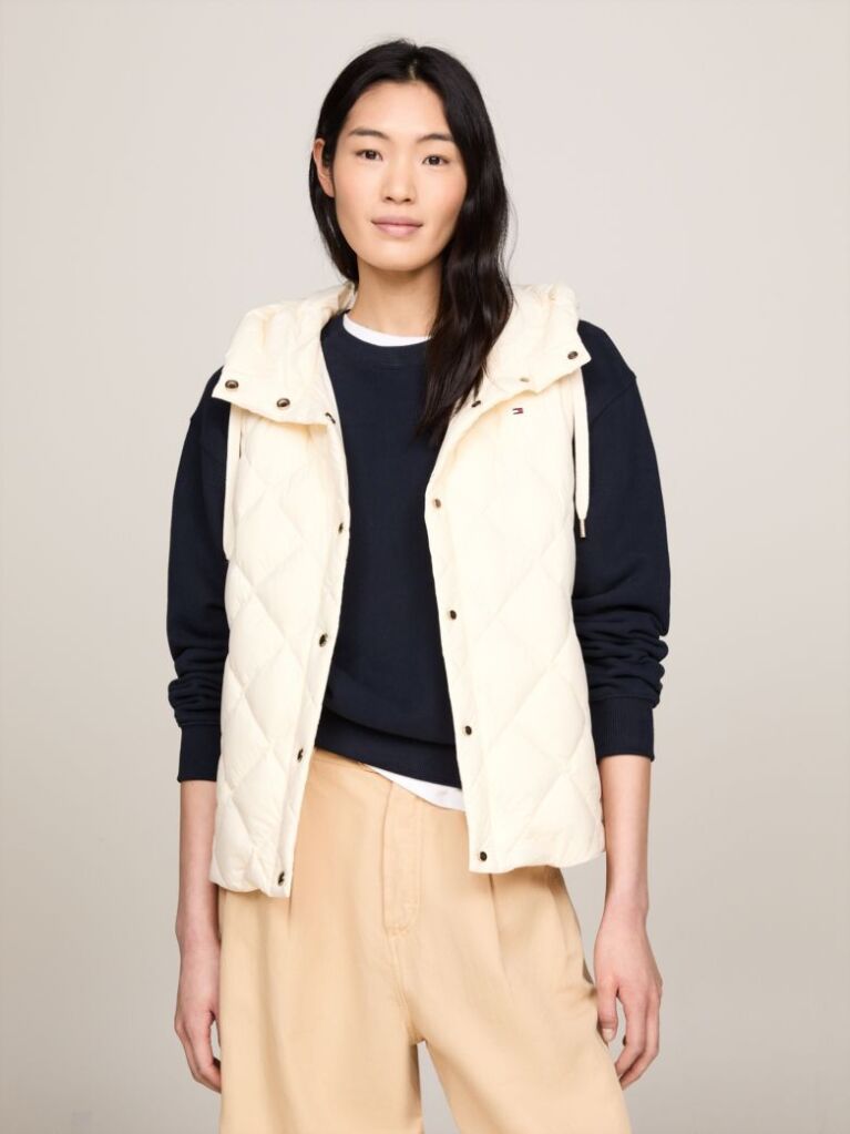Beige Classics Water Repellent Down Quilted Hooded Vest  Women