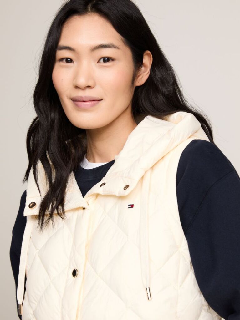 Beige Classics Water Repellent Down Quilted Hooded Vest  Women