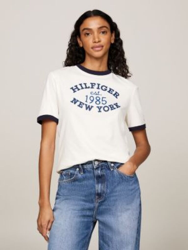 White Varsity Logo Contrast Trim T-Shirt  Women