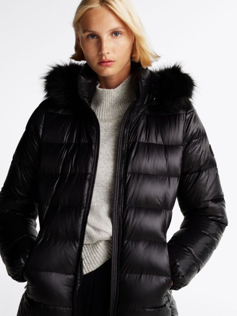 Black Down-Filled Glossy Hooded Puffer Coat  Women