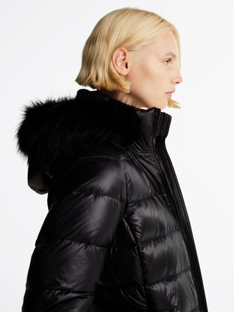 Black Down-Filled Glossy Hooded Puffer Coat  Women